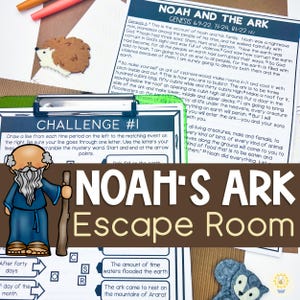 May include: A colorful educational worksheet titled "NOAH'S ARK Escape Room" with text and illustrations. The image includes text from Genesis, a challenge, and a cartoon of Noah. The worksheet is designed for educational purposes.