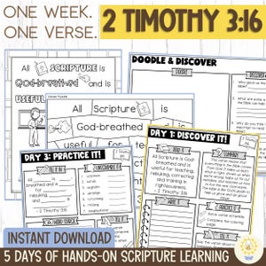 May include: A collection of printable Bible study worksheets for kids. The worksheets feature the text "2 Timothy 3:16" and include activities like puzzles, fill-in-the-blanks, and coloring pages. The phrase "Instant Download" is also visible.