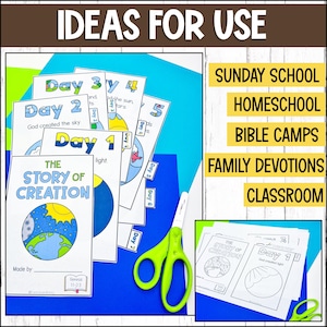 May include: A set of printable activity pages for teaching children about the story of creation. The pages feature colorful illustrations of the earth, sun, and stars. The text includes "The Story of Creation" and "Day 1" with the words "God created light". The pages are designed for use in Sunday school, homeschool, Bible camps, family devotions, and classrooms.