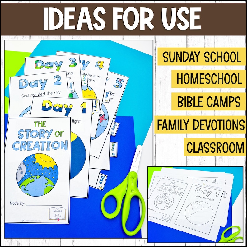 May include: A set of printable activity pages for teaching children about the story of creation. The pages feature colorful illustrations of the earth, sun, and stars. The text includes "The Story of Creation" and "Day 1" with the words "God created light". The pages are designed for use in Sunday school, homeschool, Bible camps, family devotions, and classrooms.
