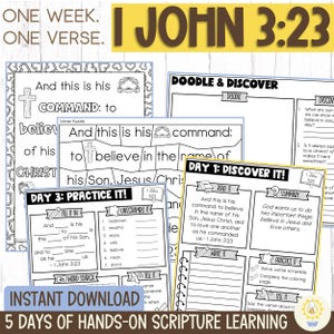 1 John 3:23 Kids Scripture Bible Activity Pack - Children&#39;s Bible Memorization -Elementary Bible Verse Lesson - Christian Homeschool