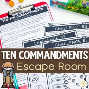 May include: A Ten Commandments Escape Room activity set featuring printed worksheets on a clipboard, including challenge cards labeled #1, #2, and #3, a cartoon illustration of Moses, and text referencing Exodus 19:20-20:17 and various commandments.