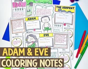 Può includere: Una raccolta di note da colorare di Adamo ed Eva. Le note presentano illustrazioni di Adamo, Eva e del serpente, con testo che descrive il Giardino dell'Eden e i momenti chiave. Il titolo "Adam & Eve Coloring Notes" è ben visibile.