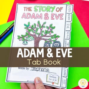 Puede incluir: Un libro de pestañas imprimible colorido para niños sobre la historia de Adán y Eva de la Biblia. El libro tiene pestañas con las palabras "Edén", "Adán", "Eva", "La Regla", "La Serpiente", "Irse", "Dios", y "Libro de Pestañas Adán y Eva". El libro también incluye una imagen de un árbol con una serpiente, Adán y Eva.