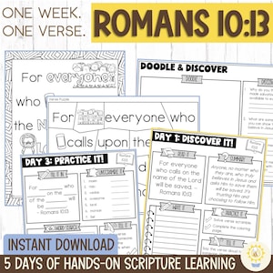 Romans 10:13 Kids Scripture Bible Activity Pack - Children&#39;s Bible Memorization -Elementary Bible Verse Lesson - Christian Homeschool