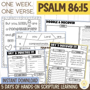 Könnte beinhalten: Eine Sammlung druckbarer Bibelarbeitsblätter mit dem Text "ONE WEEK. ONE VERSE. PSALM 86:15". Die Arbeitsblätter umfassen Rätsel, Lückentexte und Schreibaufforderungen. Der Satz "INSTANT DOWNLOAD" ist ebenfalls sichtbar.