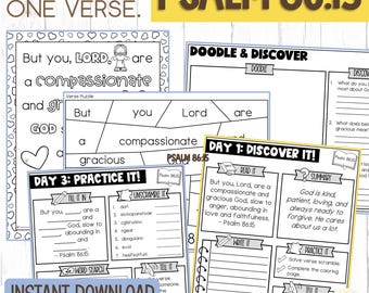 Psalm 86:15 Kids Scripture Bible Activity Pack - Children's Bible Memorization -Elementary Bible Verse Lesson - Christian Homeschool
