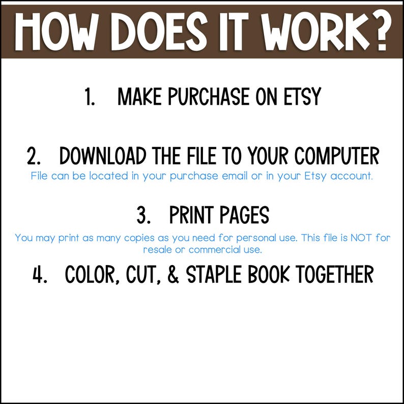 May include: A brown and white graphic with the text "HOW DOES IT WORK?" and four numbered steps for downloading and printing a digital file. The steps are: 1. Make purchase on Etsy, 2. Download the file to your computer, 3. Print pages, and 4. Color, cut, & staple book together.