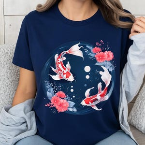 Japanese Koi Fish T Shirt Eco-Friendly Cotton Navy Tee Japanese Art Inspired Cultural Shirt for Art Lovers