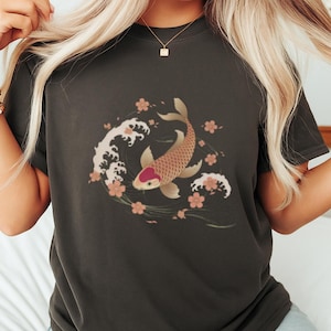 Japanese Koi Fish T-Shirt Eco-Friendly Cotton Navy Tee Japanese Art Inspired Cultural Shirt for Art Lovers