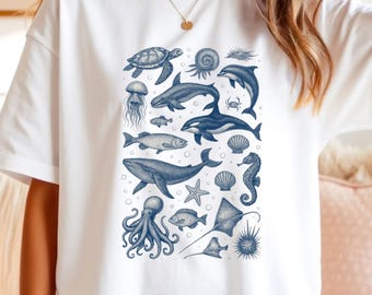 Ocean Animals Shirt, Retro Sea Life Tee, Whale Dolphin Turtle Jellyfish Graphic T-Shirt, Beach Lover Gift, Cute Ocean Nature Unisex Tee