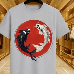 Japanese Koi Fish T Shirt Eco-Friendly Cotton Navy Tee Japanese Art Inspired Cultural Shirt for Art Lovers