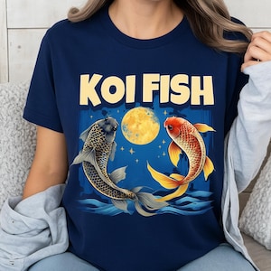 Japanese Koi Fish T-Shirt Eco-Friendly Cotton Navy Tee Japanese Art Inspired Shirt for Art Lovers & Cultural Style