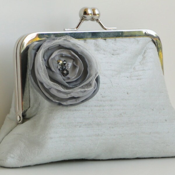 Evening Clutch, Silk, Framed Purse,  Bridesmaids gifts, wedding, thank you, silver, jeweled, gray