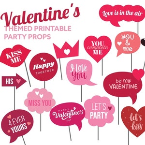 Valentine&#39;s Day Photo Booth Props: Hearts, Quotes (Digital Download)