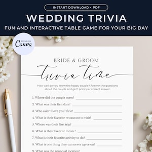 Trivia Game for Bride and Groom, Bridal Shower Game Template, Wedding Trivia Game Template, Bridal Shower Trivia Game, Wedding Table Game