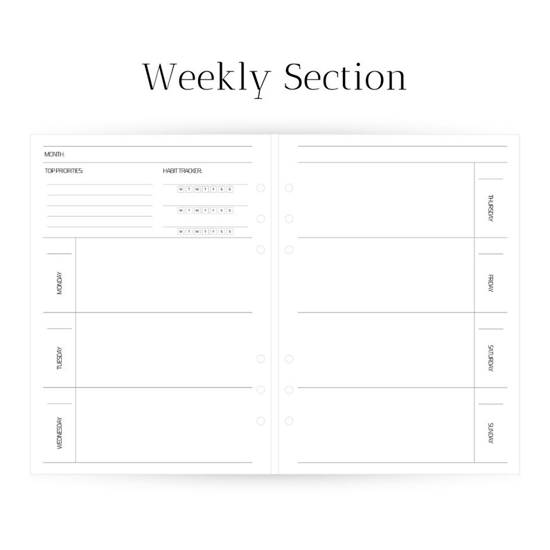 Agenda/planificador semanal/recargable de 6 anillas en piel vegana tamaño A5 con páginas semanales y mensuales sin fecha + bolígrafos y caja de regalo. imagen 6