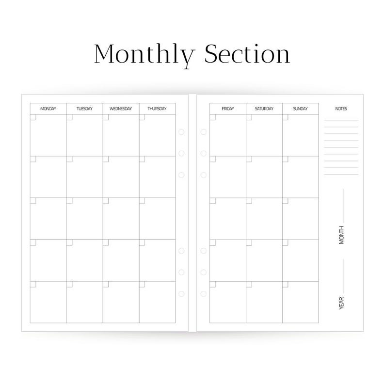 Agenda/planificador semanal/recargable de 6 anillas en piel vegana tamaño A5 con páginas semanales y mensuales sin fecha + bolígrafos y caja de regalo. imagen 5