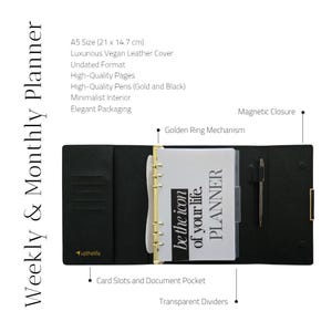 Agenda/planificador semanal/recargable de 6 anillas en piel vegana tamaño A5 con páginas semanales y mensuales sin fecha + bolígrafos y caja de regalo. imagen 4