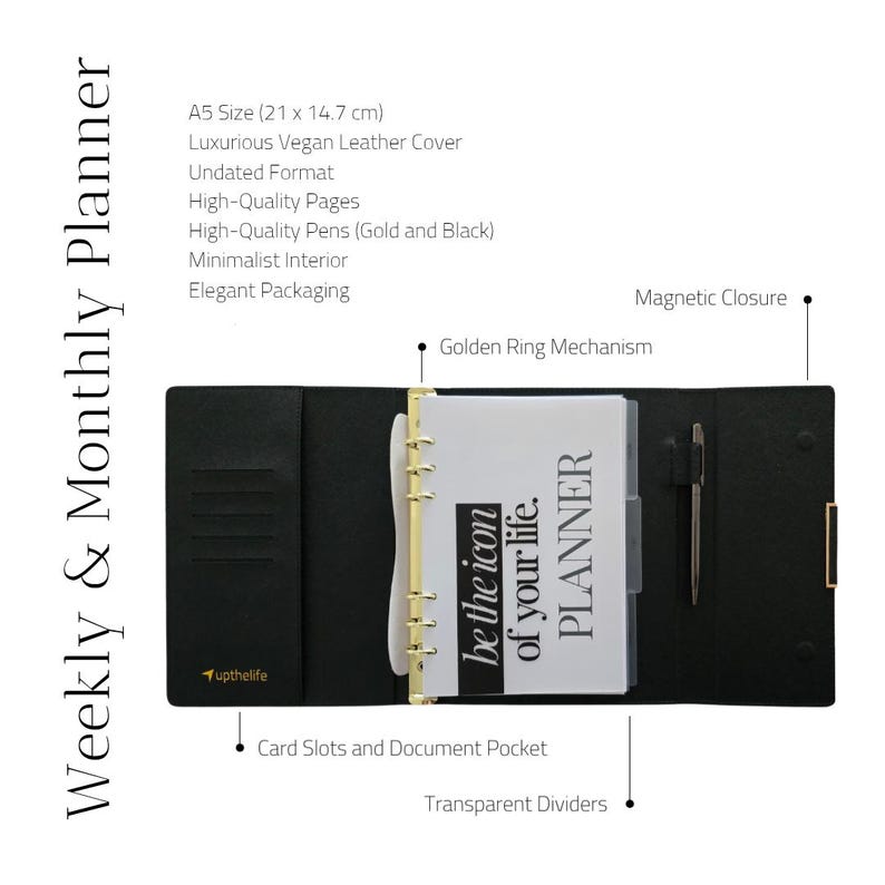 Agenda/planificador semanal/recargable de 6 anillas en piel vegana tamaño A5 con páginas semanales y mensuales sin fecha + bolígrafos y caja de regalo. imagen 4