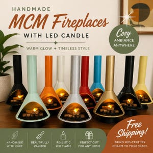 May include: A collection of handmade MCM fireplaces with LED candles in various colors, including black, mint green, orange, white, silver, red, blue, gold, and yellow. The fireplaces have a warm glow and a timeless style, perfect for any home.