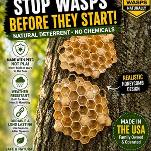 May include: Wasp Stopper, a natural wasp deterrent, features a realistic honeycomb design. Made in the USA, it's weather-resistant and durable. The product is designed to hang easily and is safe and non-toxic.
