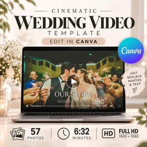 以下が含まれることがあります： ノートパソコンの画面に「OUR STORY MASON & SOPHIA」というテキストが入った結婚式ビデオテンプレートが表示されています。画像には「CINEMATIC WEDDING VIDEO TEMPLATE」、「EDIT IN CANVA」、「JUST REPLACE PHOTOS & TEXT」、「57 PHOTOS」、「6:32 MINUTES」、「FULL HD 1920 x 1080」という文字が含まれています。
