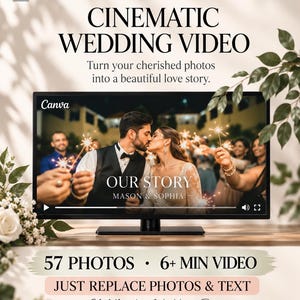May include: A digital template for a cinematic wedding video featuring the text "01", "SIMPLE MODERN CINEMATIC", "CINEMATIC WEDDING VIDEO", "Turn your cherished photos into a beautiful love story", "OUR STORY", "MASON & SOPHIA", "57 PHOTOS", "6+ MIN VIDEO", "JUST REPLACE PHOTOS & TEXT", and "Childhood to Wedding Day".
