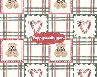 Vintage Christmas Teddy Bear Seamless PNG | Plaid Candy Cane Heart Pattern | Retro Holiday Digital Paper