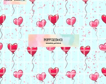 May include: A seamless pattern featuring hand-drawn red heart-shaped balloons on a light blue background with a white grid pattern and pink confetti. The text "POPPYSEED&CO. seamless patterns" is in a white banner with a watercolor background.
