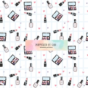 May include: A seamless pattern featuring makeup items such as lipstick, eyeshadow palettes, and nail polish bottles. The pattern is on a white background with a light blue grid and pink hearts.