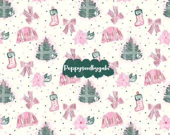 Preppy roze kerst naadloos patroon | Gezellige truien, bomen en kousen, png