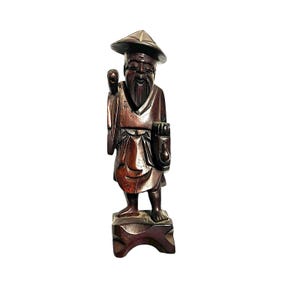 Vintage Hand-Carved Wooden Asian Man Figurine 8” Folk Art Sculpture READ ISSUES