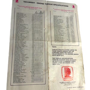 May include: A white paper document titled Tecumseh Engine Torque Specifications featuring two detailed data tables for medium and large frame engine series, including a note about torque values and the red Tecumseh Products Company logo.