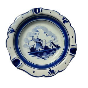 Vintage Delft Blue Windmill Ashtray 5in Hand Painted Holland Trinket Dish