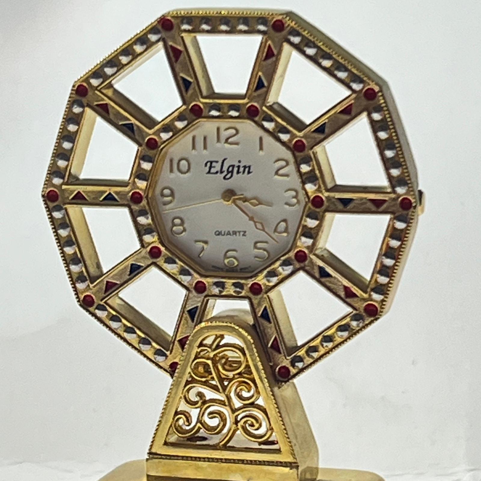 Elgin Ferris Wheel Mini Clock Vintage Gold Tone Quartz Desk Display ...