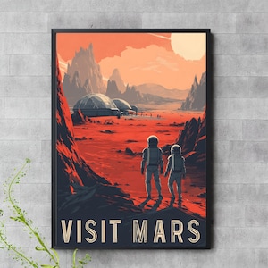 Visit Mars-poster – futuristische ruimtemuurkunst – sci-fi astronaut digitale afdrukbare jpeg
