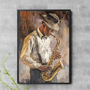 Arte murale con sassofono jazz – Musicista vintage stampabile – Download digitale di arte jazz afroamericana