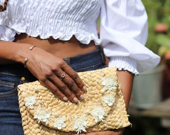 Straw clutch bag with flower beaded and Pearl embellishments