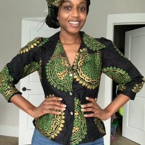 African Print Black and Green Blazer