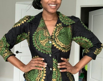 African Print Black and Green Blazer