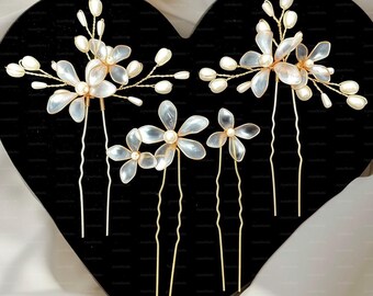 Handcrafted Forget-Me-Not Flower Bridal Hair Pins – Elegant Gold Pearl Wedding Hair Accessories Set