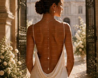 May include: A backless cream-colored silk dress with thin straps and a long, delicate silver chain necklace featuring small white pearls spaced along the length, draping down the center of the back to a single pearl drop pendant.
