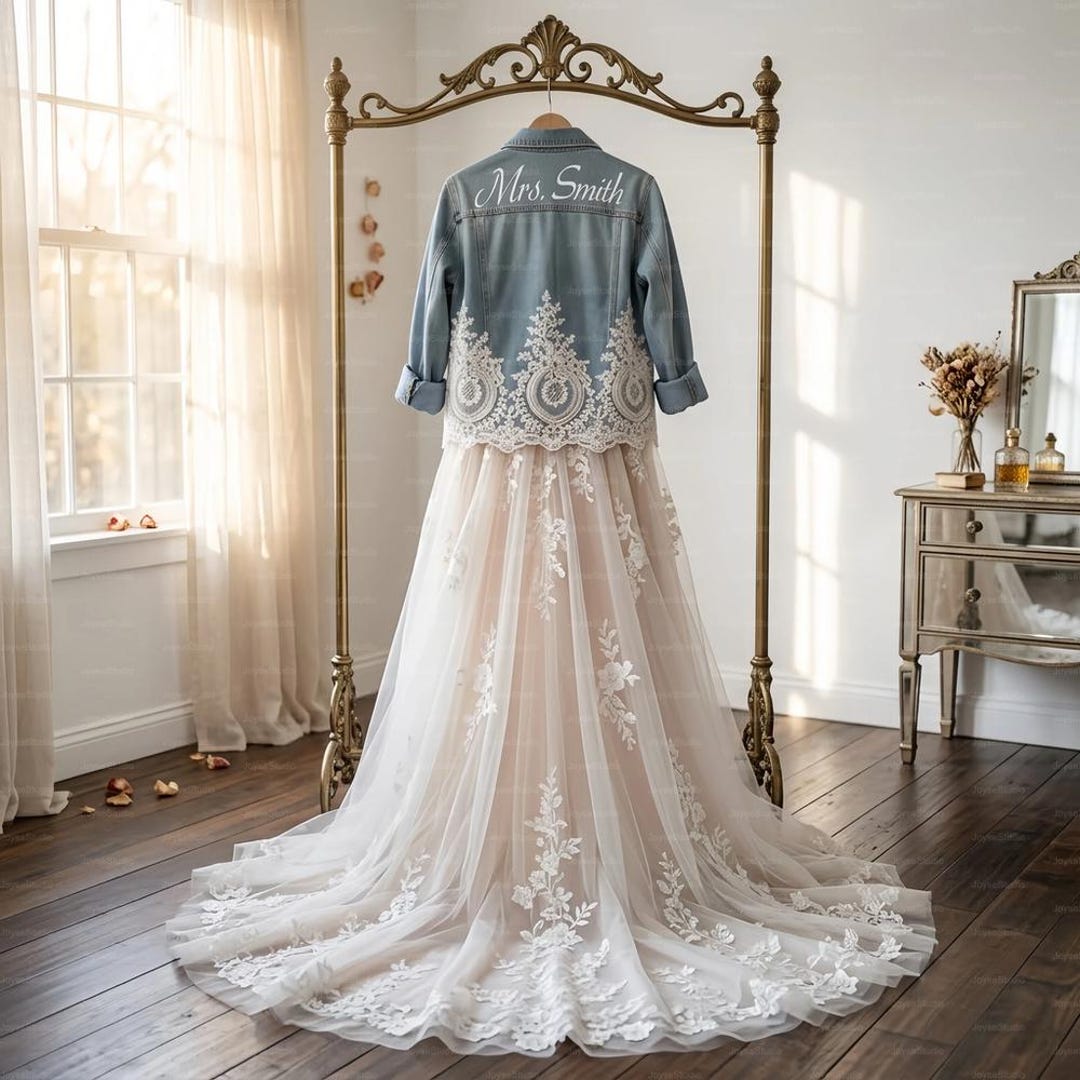 Custom Hand-stitched Lace Bridal Denim Jacket | Personalized Name