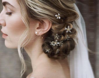 May include: Close-up of a hairstyle featuring a bun adorned with delicate, translucent flower hairpins. The hair is a mix of blonde and brown tones, with a white veil visible in the background. A pearl earring is also visible.