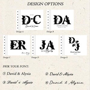 K&ouml;nnte beinhalten: Bild mit Designoptionen f&uuml;r personalisierte Artikel. F&uuml;nf Designs zeigen Initialen und Namen mit floralen Akzenten. Darunter werden vier Schriftarten angezeigt, alle mit den Namen "David & Alysia".