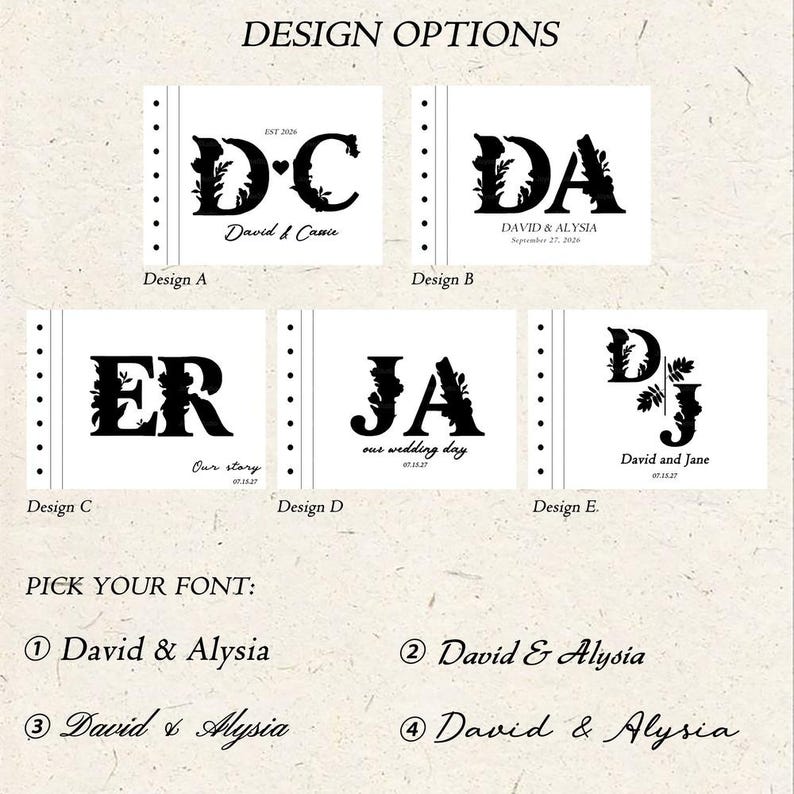 K&ouml;nnte beinhalten: Bild mit Designoptionen f&uuml;r personalisierte Artikel. F&uuml;nf Designs zeigen Initialen und Namen mit floralen Akzenten. Darunter werden vier Schriftarten angezeigt, alle mit den Namen "David & Alysia".