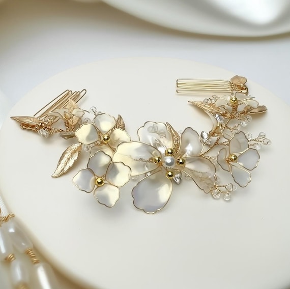 Forget-me-not Bridal Hair Vine: Gold, Pearl & Crystal  display picture 3