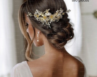 Gouden leliebloem bruiloft haarspeld: kristal en parel bruidsaccessoire