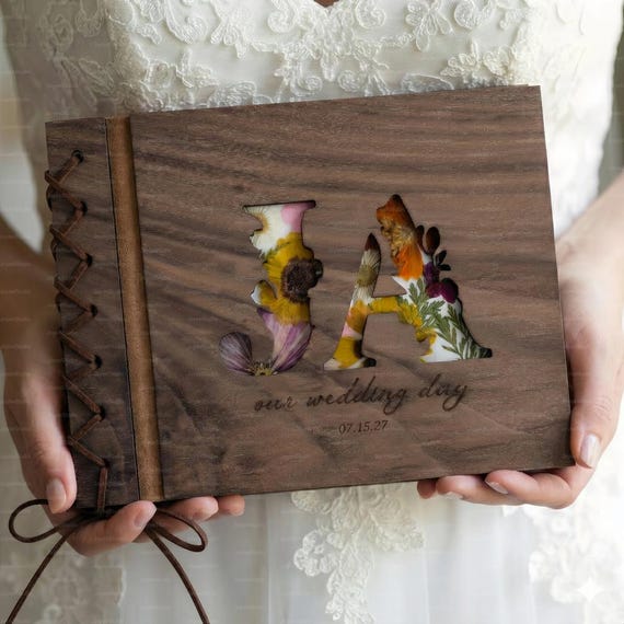 Real Pressed Flower Wedding Guest Book | Personalized Dark Walnut Memory Book | Botanical Leather Bound Keepsake | Custom Floral Album